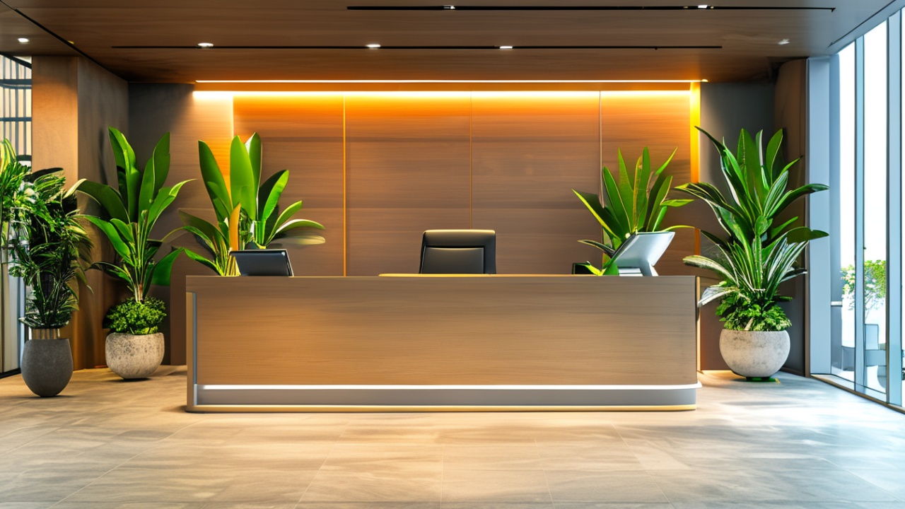 Area de recepcao corporativa com linhas limpas e plantas decorativas