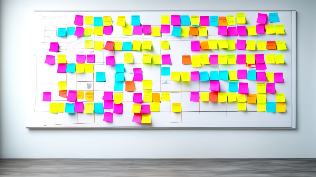 Quadro de planejamento com notas adesivas organizadas em grade